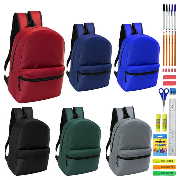 17" Basic Wholesale Backpack in 6 Colors & 36 Pieces School Supplies