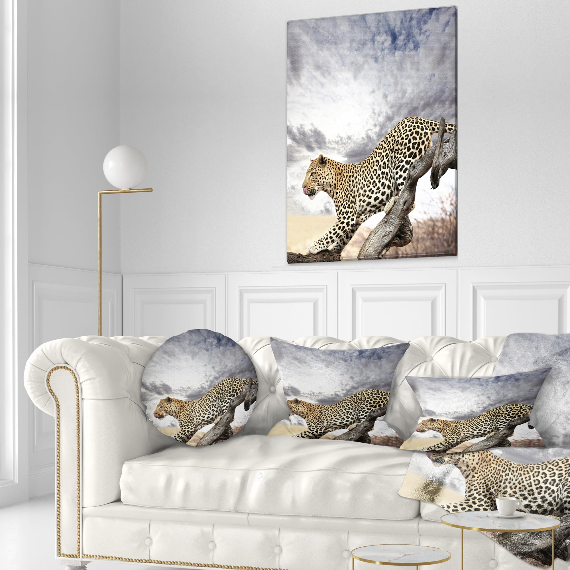 Designart Leopard on Tree under Cloudy Sky - African Wall Throw Pillow - 12x20
