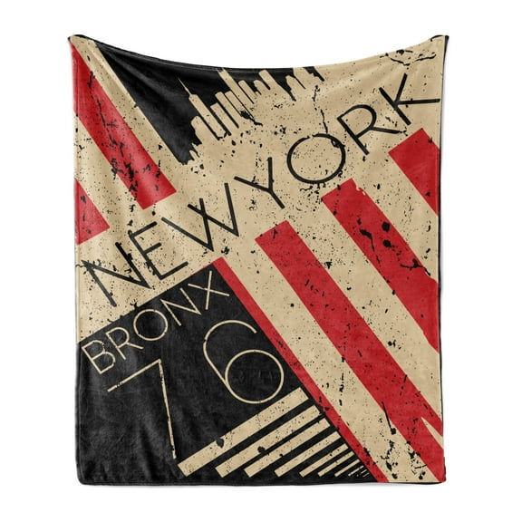 Urban Art Soft Flannel Fleece Throw Blanket, New York Bronx Typographic Grunge Design with Stripes, Cozy Plush for Indoor and Outdoor Use, 50" x 60", Pale Mustard Vermilion, by Ambesonne