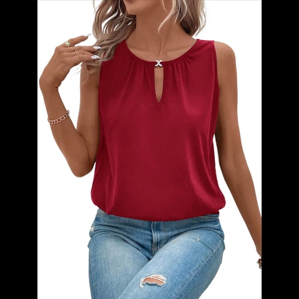 Chaleco de Moda con Cuello Redondo y Botones, Color Liso, Rojo Talla S