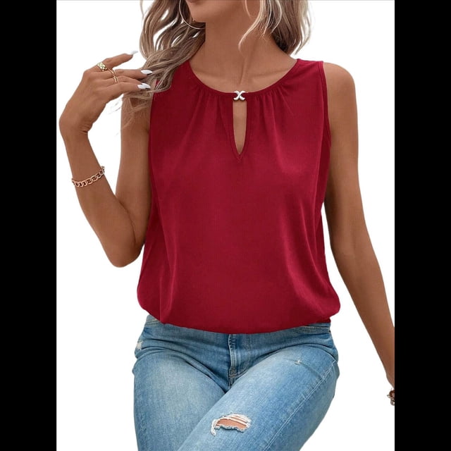 Chaleco de Moda con Cuello Redondo y Botones, Color Liso, Rojo Talla S