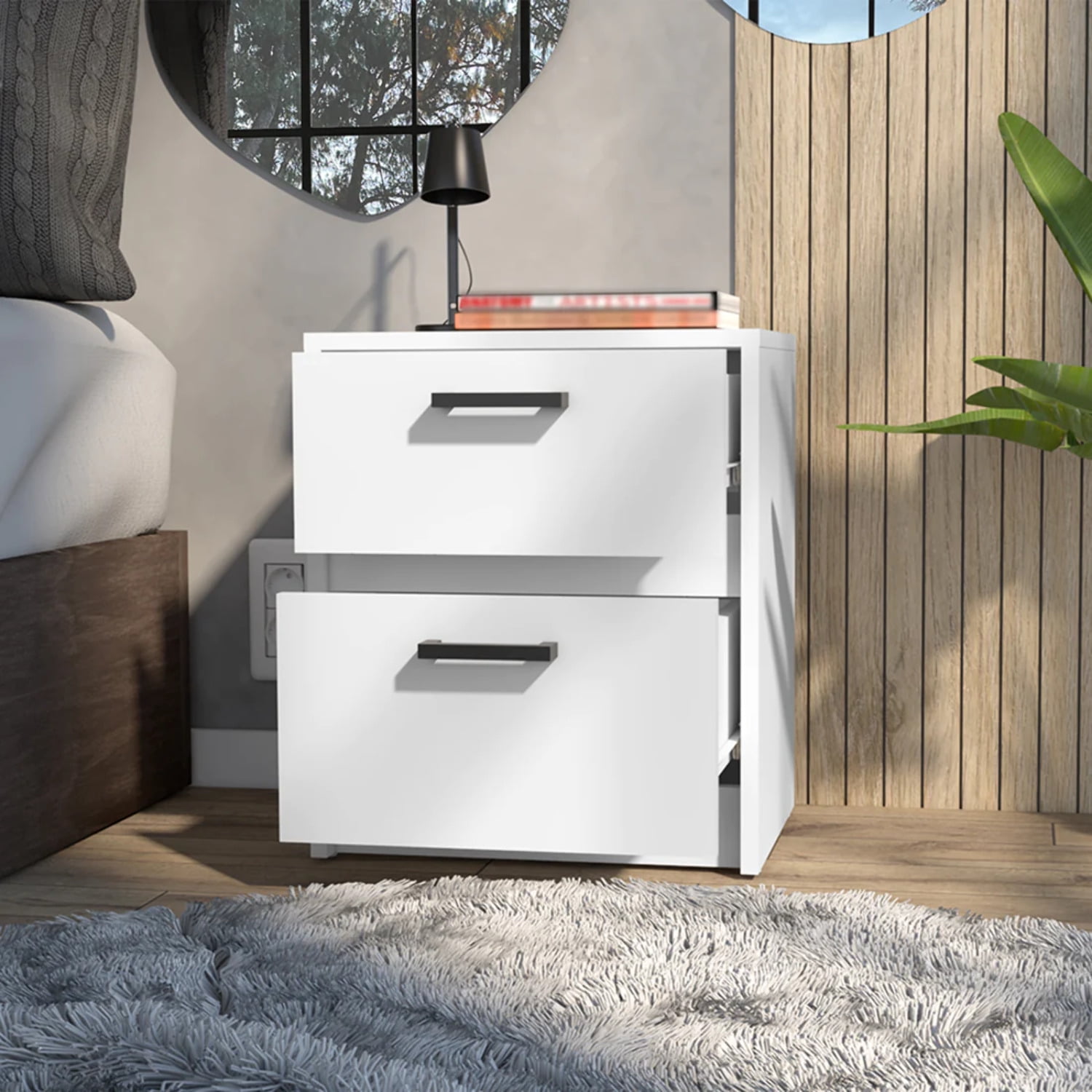 HomeRoots 19 in. Two Drawer Faux Wood Nightstand, White