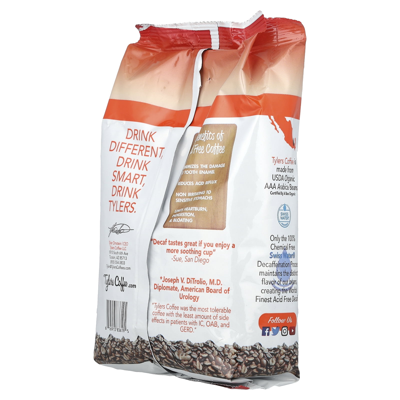 Tylers Coffees Organic Coffee, Whole Bean, Decaffeinated, 12 oz
