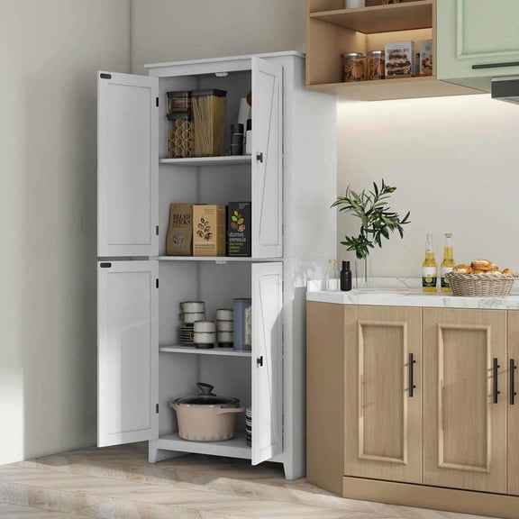 Yardi Yarda 72" Tall Freestanding Kitchen Pantry Cabinet with 4 Door Cabinets and Adjustable Shelves, Farmhouse Storage Cabinet for Indoor, White