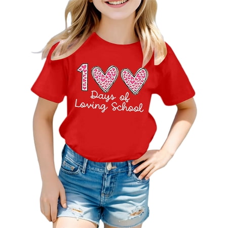 XIYON T-Shirts For Girls Graphic Short Sleeve Tee For Back To School Cute Print Crew Neck Casual Top Comfortable Blend Shirt Casual Loose Summer Tops 10-11 Years