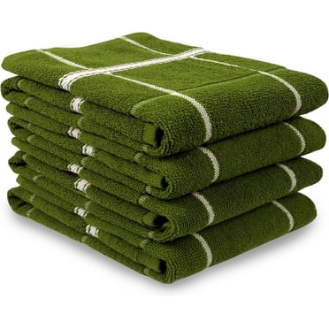 Terry Kitchen Towels Set of 4 Solid Checks | Dish Towels 16 x 26 Inches | Super Soft and Absorbent |100% Cotton Dish Rags for Drying Dishes | Quick Drying Kitchen Hand Towels | Green