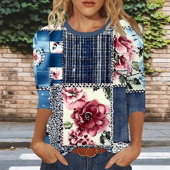 TaTaai Ladies Top Fashion Casual Random Print Crew Neck 3/4 Sleeve Loose T-Shirt Women Daily Home Leisure Wear Fashion Comfortable Versatile Top Gift