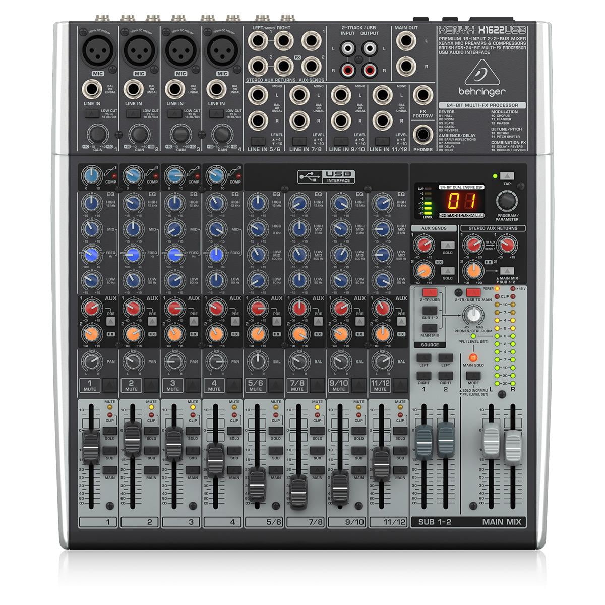 Behringer XENYX X1622USB Premium 16-Input 2/2-Bus Mixer with XENYX Mic Preamps and Compressors, British EQs - With 2 Pack 15' 8mm XLR Microphone Cable