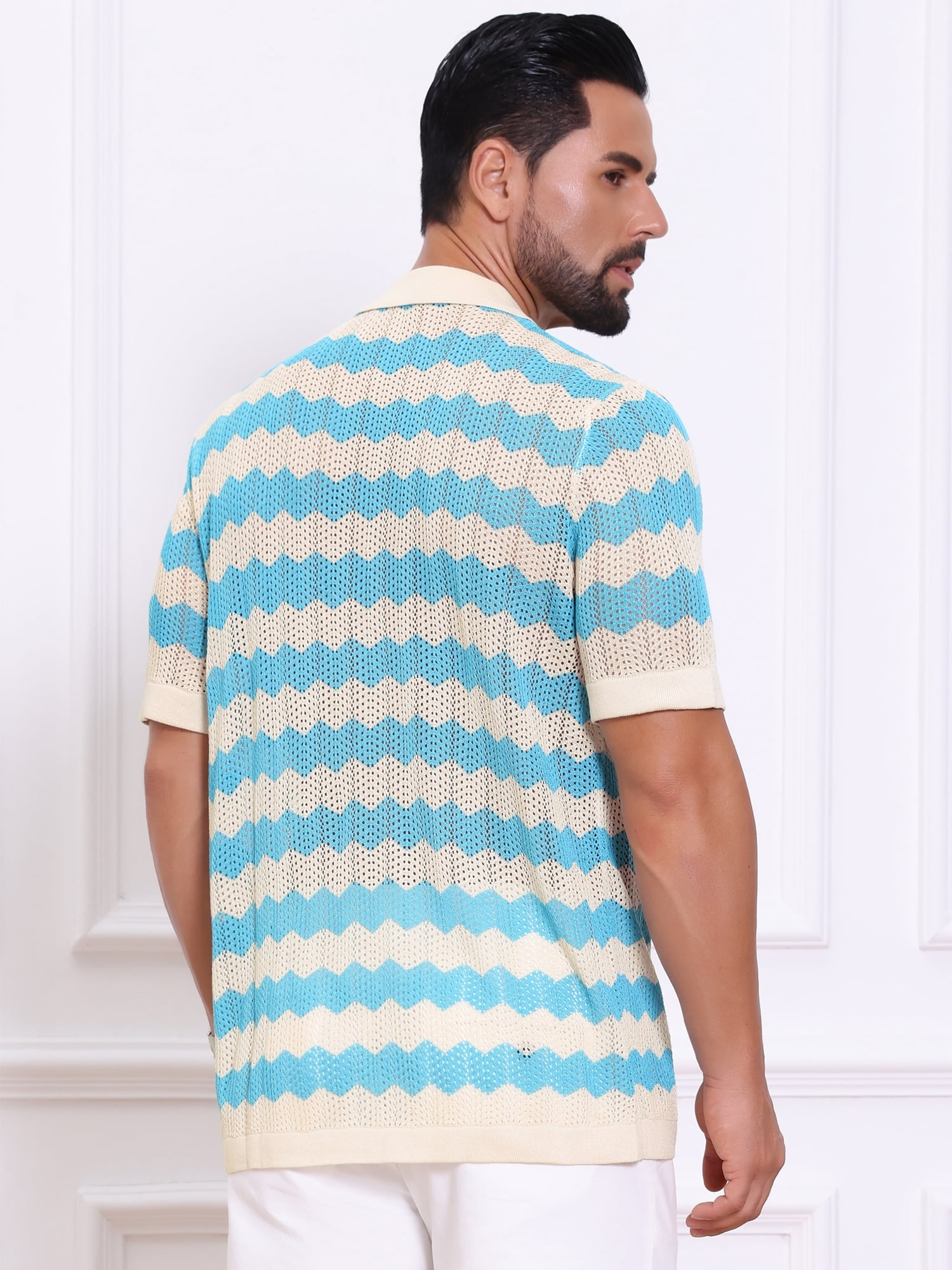 DARING DIVA Men's Wave Crochet Hollow Out Button Down Striped Shirts S Blue