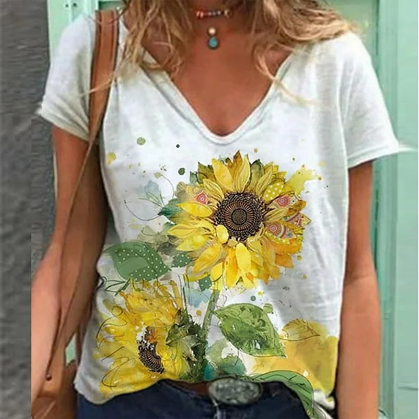 Pntutb Mujer Verano Flor Impresión Manga Corta O-Cuello Camiseta Suelta Blusa tops Pntutb Pntutb-3953