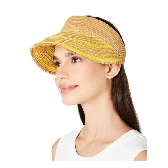 INC Womens Yellow Striped Straw Elastic Frayed Edge Visor Hat