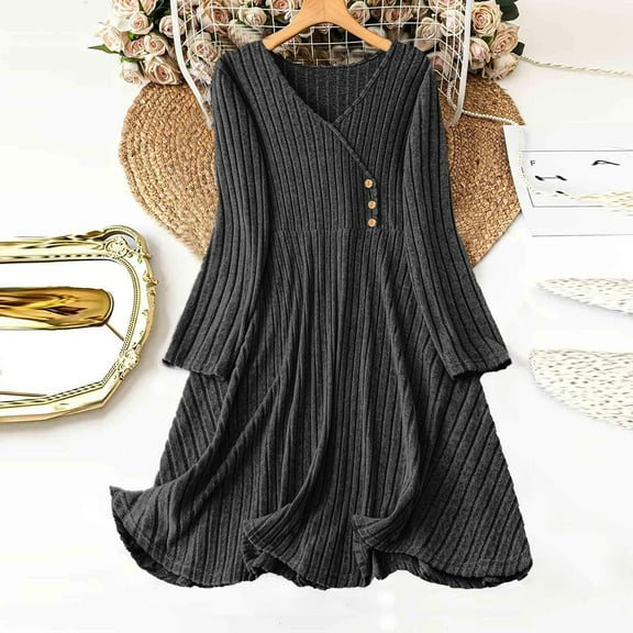 Dxzfnsa Women's Long Sleeve Sweater Dresses Ribbed Pleated Casual V Neck Knee Length Dresses 2025 Fall Casual Trendy Outfits