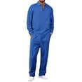 thumbnail image 2 of Men's Spring Fall 2-Piece Casual Set, Long Sleeve Striped Shirt and Half-Zip Square Neck Top with Drawstring Pants, Stylish Waffle Knit Outfit,Blue,2XL, 2 of 7
