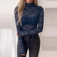 thumbnail image 6 of WULMLEO Womens Mock Neck Lace Tops Long Sleeve Floral Sheer Mesh Slim Fitted Blouse Navy M, 6 of 7