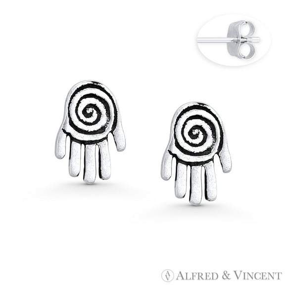 Hamsa Hand Evil Eye Luck Charm Stud Earrings in Oxidized .925 Sterling Silver