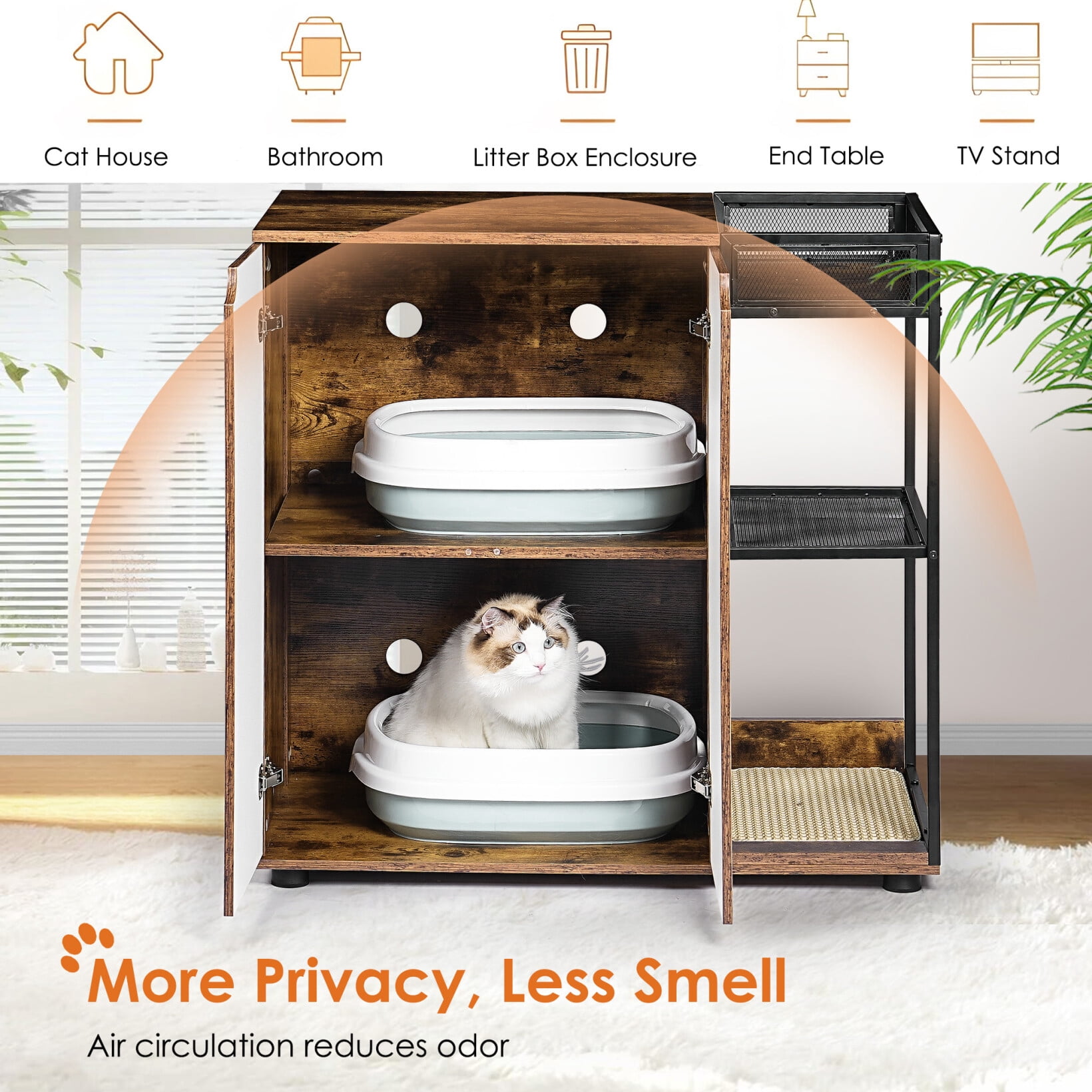 Cat Litter Box Enclosure for Two Cats, Enclosed Cat Furniture Cabinet with Odor Control, Hidden Litter Box Cabinet, White Walnut Finish, Multi-Functional Cat Litter Box Furniture for Home Décor