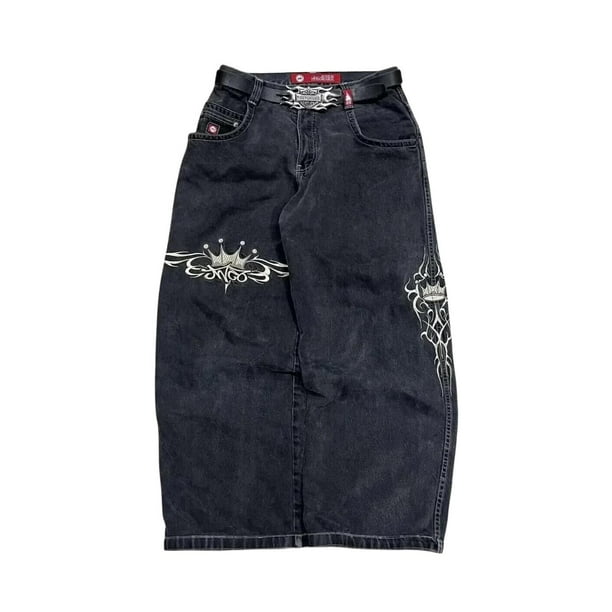 Pantalones vaqueros unisex estilo hip-hop gótico urbano de talle alto y corte holgado con diseños rasgados y bordados for hombre y mujer