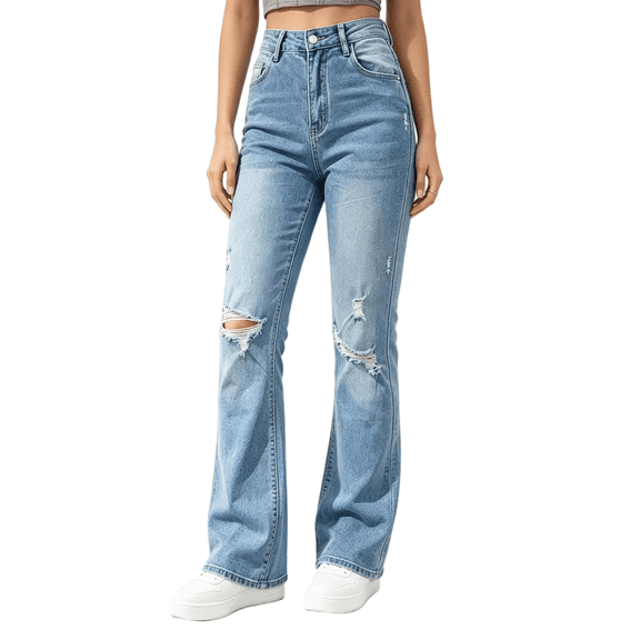 Women's High Waisted Straight Leg Jeans Distressed Blue Denim Cuffed Casual Pants