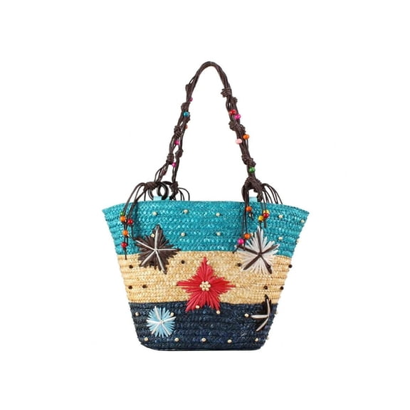 Boho Straw Woven Bag Handbags For Women, Beach Shoulder Bags Hand Embroidered Starfish Beaded Summer Tote Bag-Blue