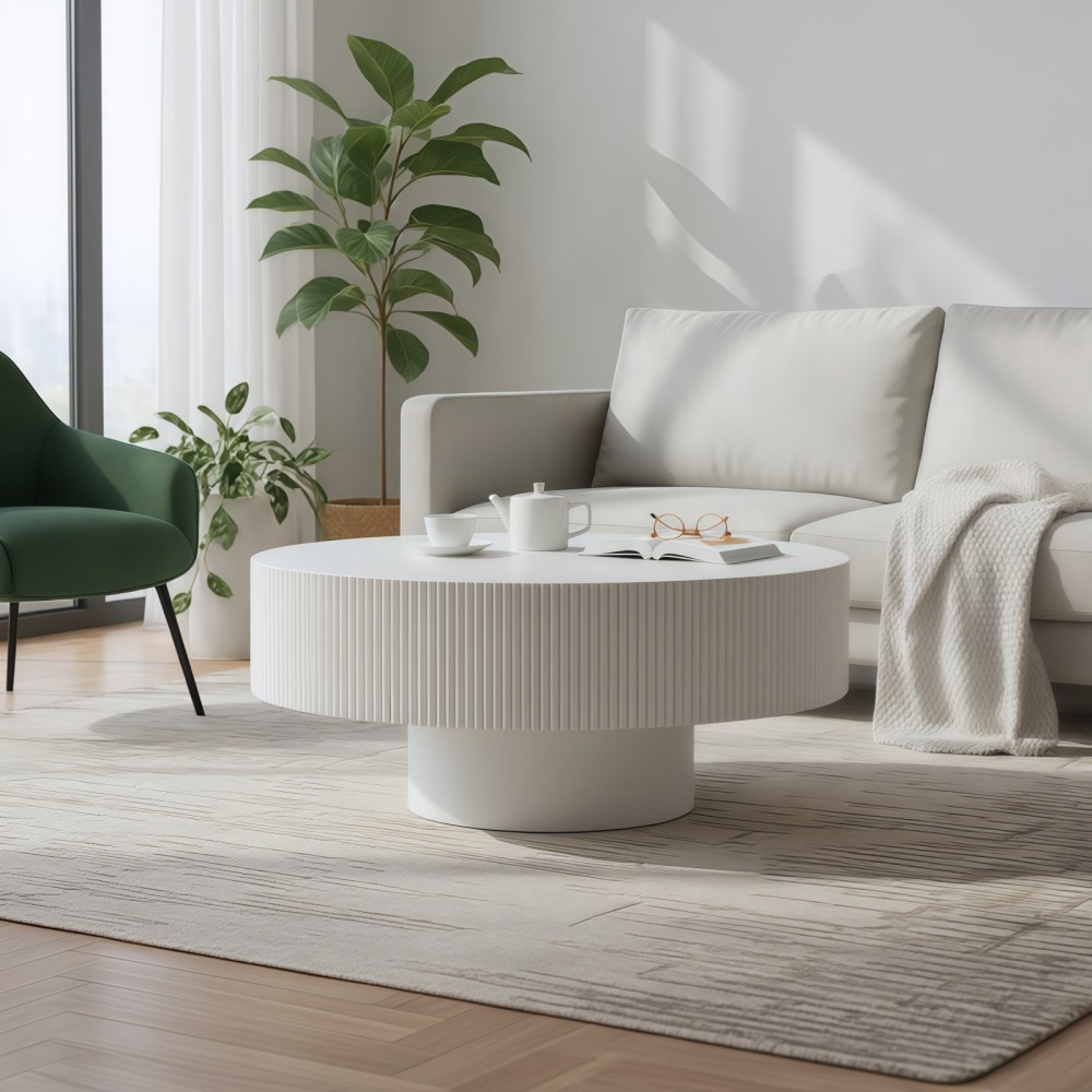 Round Fluted Coffee Table, Modern Pedestal Coffee Table for Living Room, Mid Century Modern Side Table, Small Space Accent Table, White