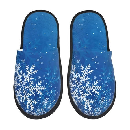 Balery Blue Christmas With Snowflakes Slient Indoor Furry Fleece Comfort House Shoes Soft Non-Slip Home Shoes Cotton slippers House Slippers-- Large