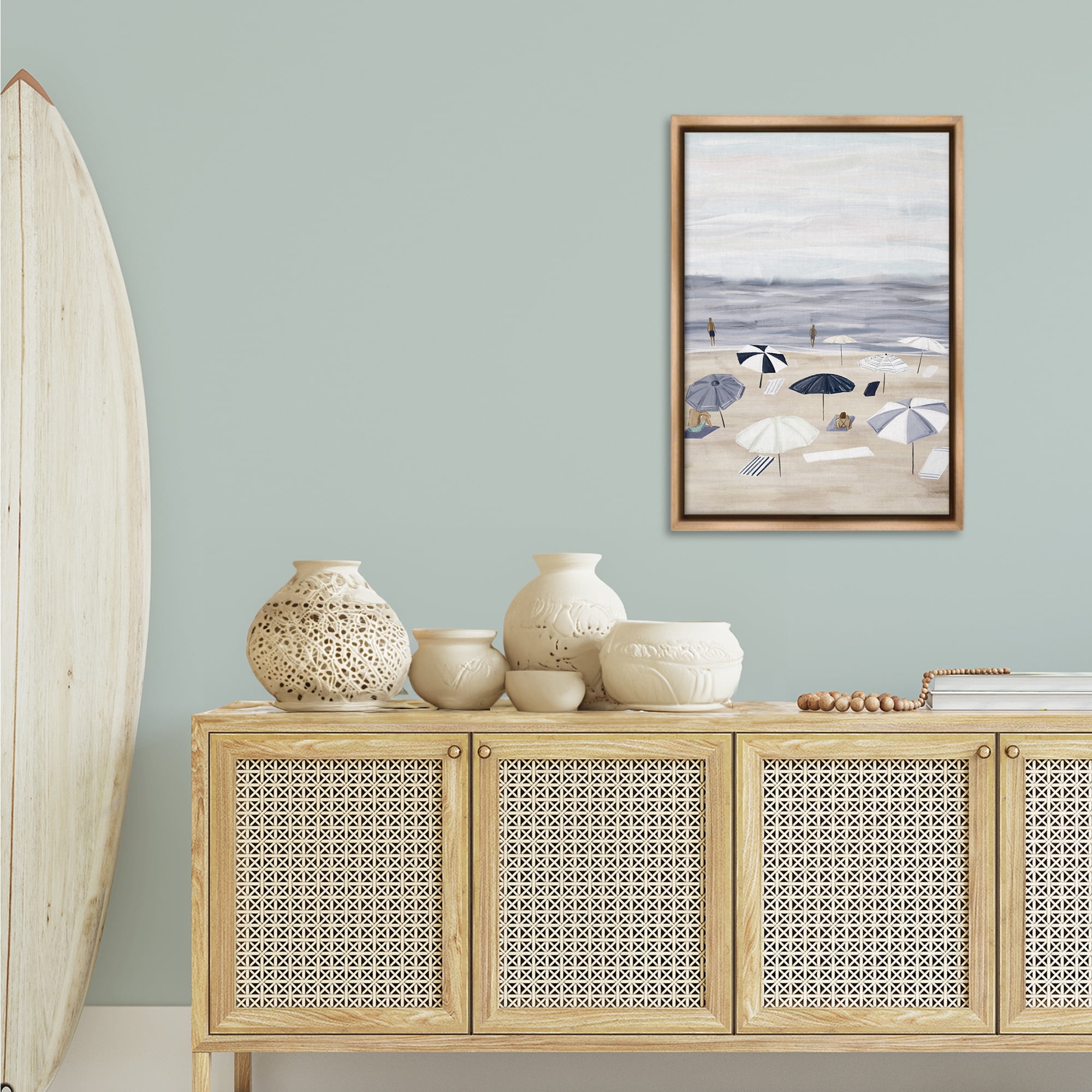 Stupell Industries Summer Beach Umbrellas Nautical & Beach Painting Brown Floater Framed Canvas Art Print Wall Art, 21 x 31