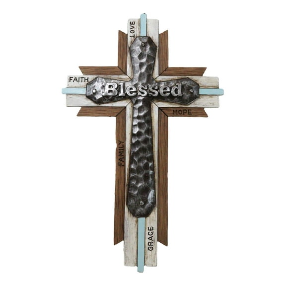 Rustic Western Faux Wood Blessed Faith Love Hope Family Grace Layered Wall Cross