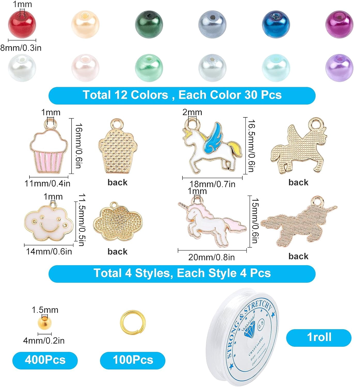 DIY Unicorn Bracelet Making Kits 360pcs 12 Colors Glass Pearl Beads & Unicorn Cake Cloud Charms Pendants & 400pcs Spacer Beads & 100pcs Jump Rings & Thread for Handmade Beginner