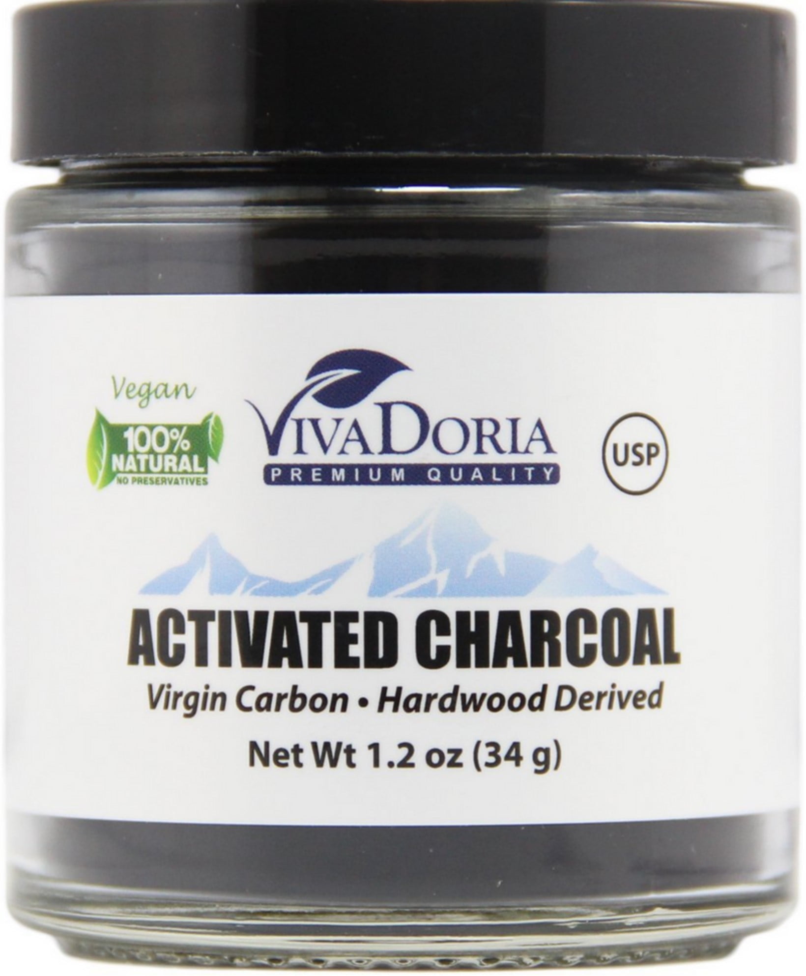 Viva Doria Virgin Activated Charcoal Powder - Food Grade (1.2 oz Glass jar)
