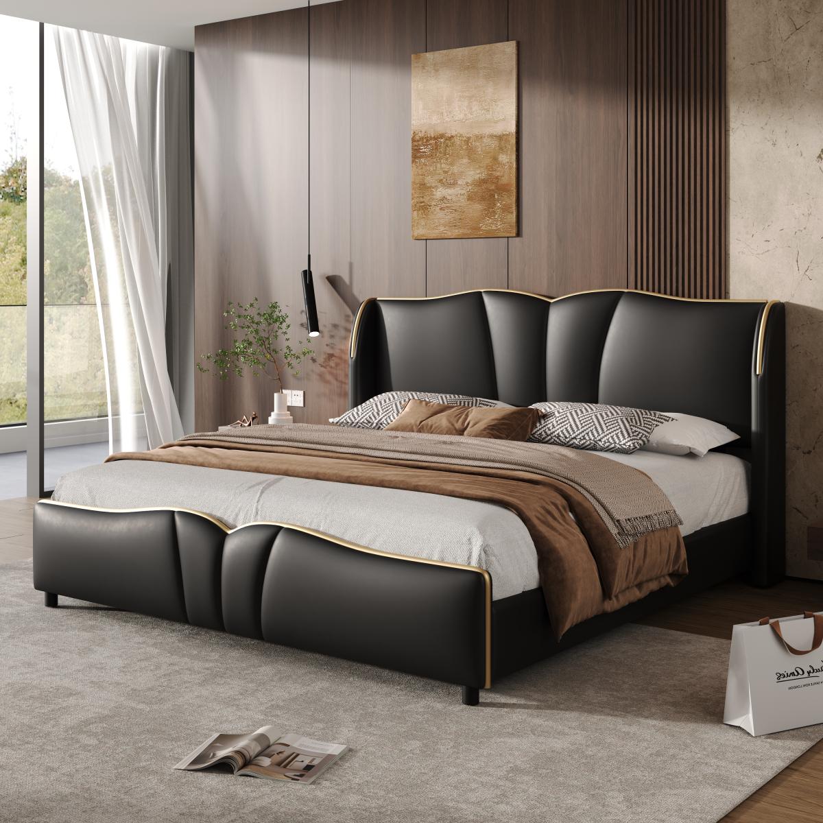 [Luckynote]Queen Size Leather Upholstered Bed Frame, Modern Bed Frame with Wingback Head board, Upholstered Platform Bed with Wavy Footboard, No Spring Box Needed, Black