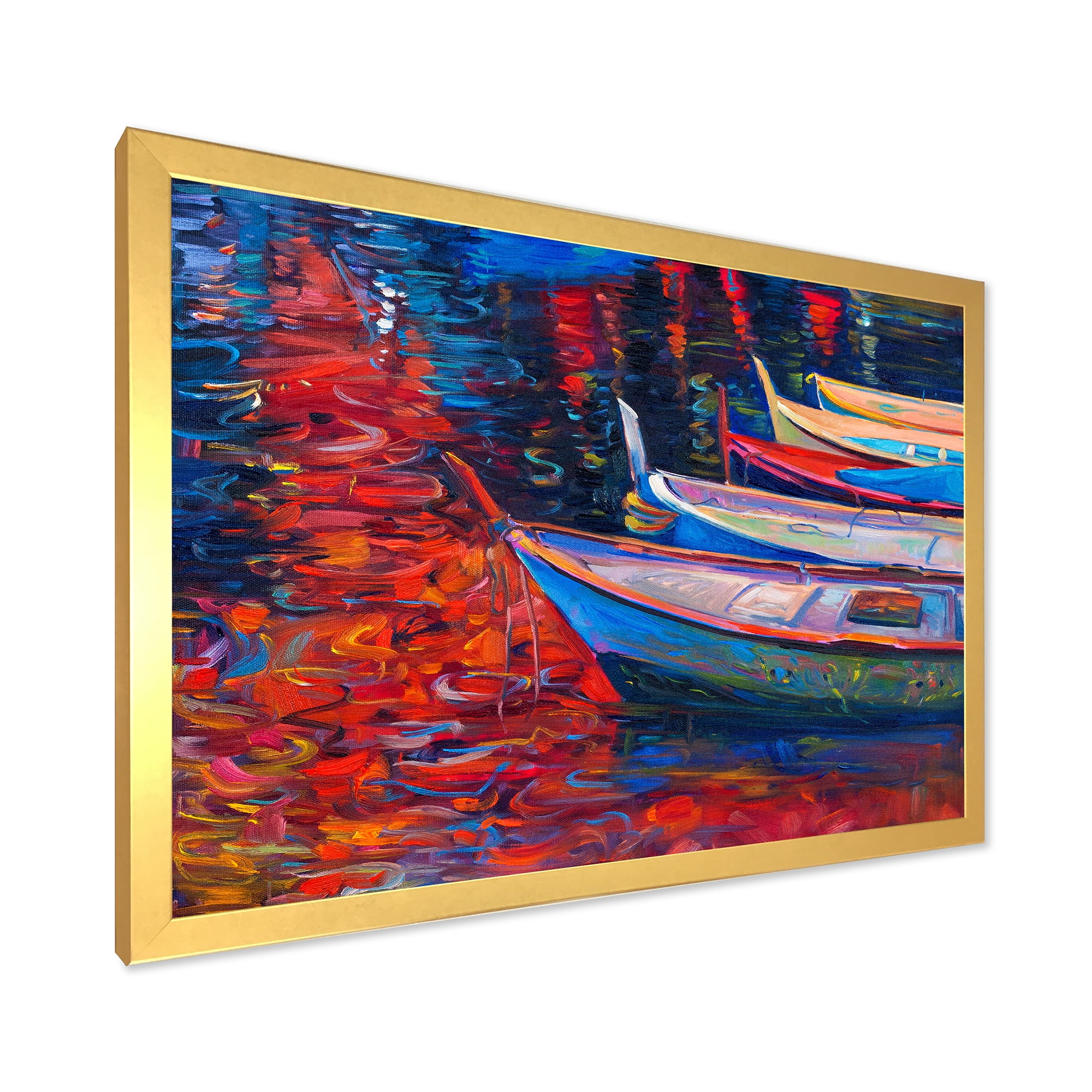 Boats During Warm Sunset Resting On The Water IX 40 in x 30 in Framed Painting Canvas Art Print, by Designart