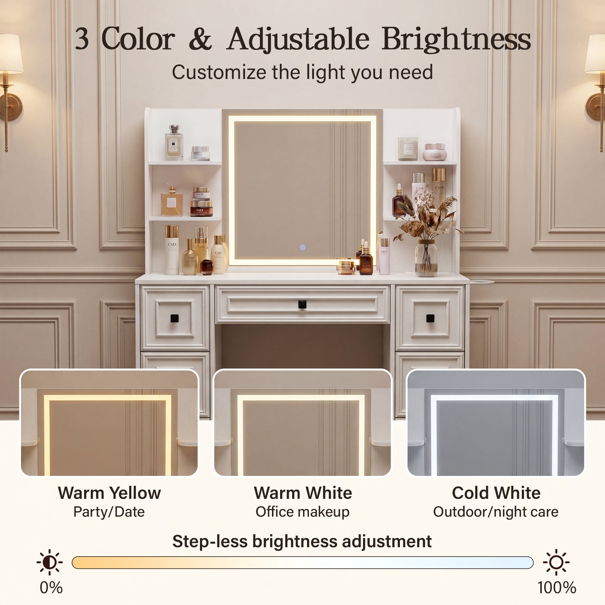 Lacoo Makeup Vanity Desk with LED Lighted Mirror & Charging Station, 7 Drawers Vanity Table with Open Shelves & Hair Dryer Holder for Bedroom Dressing Room, White