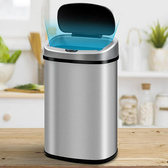 Kitchen Trash Can 13 Gallon Stainless Steel Trash Can, Automatic Touchless Garbage Can with Lid, Trash Bin Waste Bin with Infrared Sensor for Bathroom Bedroom Home Office, Sliver