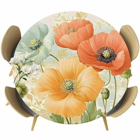 Round Fitted Tablecloth Watercolor Poppy Green Leaves Circle Table Cover Waterproof Table Cloth with Elastic Edge Classic Blossom Floral Outdoor Tablecloths for Kitchen Picnic 55-60in