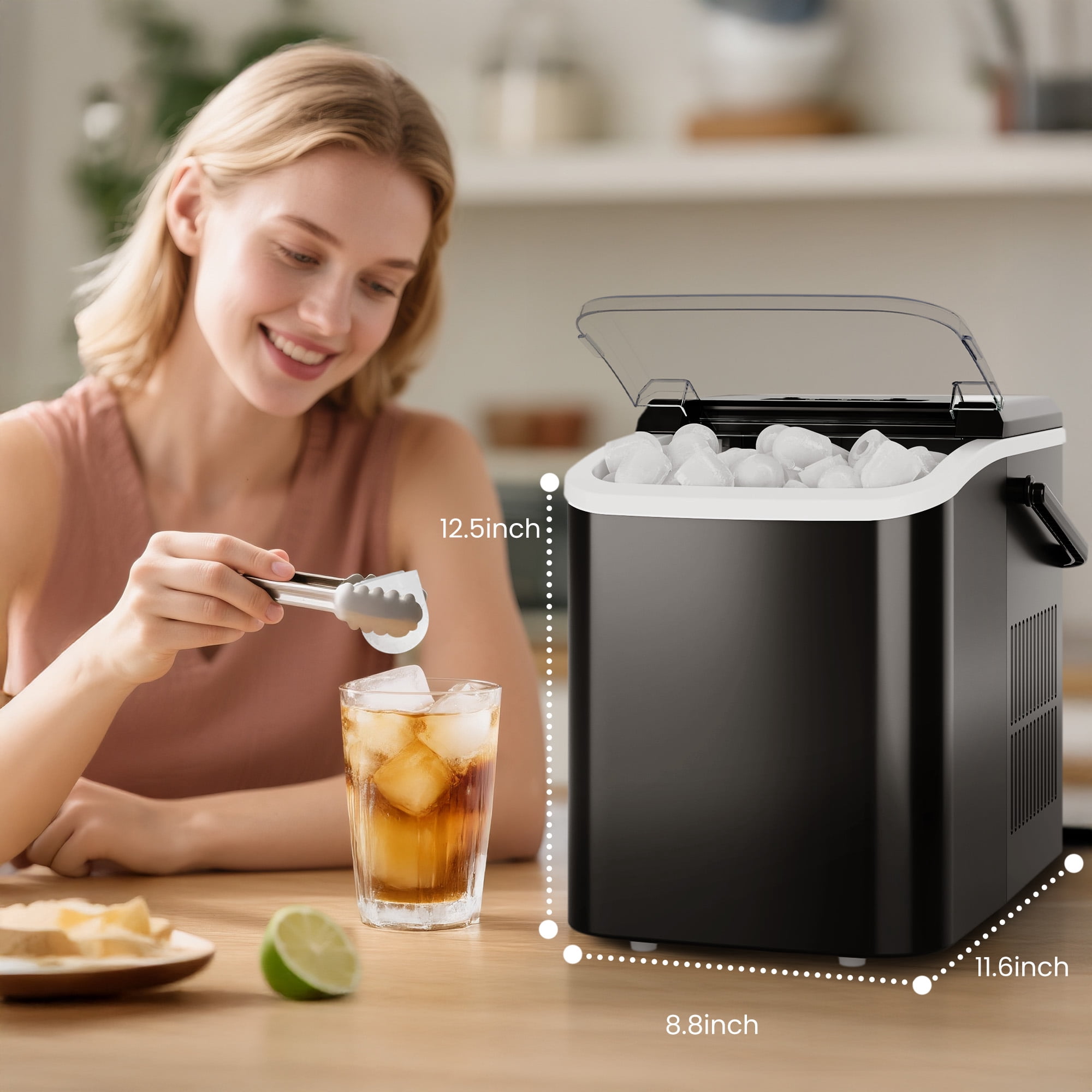CONCETTA Portable Ice Maker Machine, 26.5 lb/Day Ice, Two Ice Sizes, Self-Cleaning Function, Bullet Ice Maker with Ice Scoop & Basket, Black