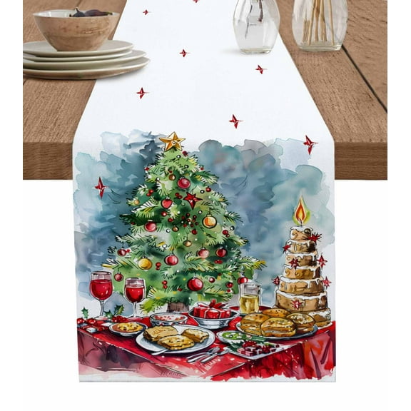 Christmas Burlap-Cotton Table Runner 120 Inches Long,Xmas Tree Watercolor Food Red Green Blue Farmhouse Table Runners,Outdoor Dining Tablecloths Decor for Baby Shower/Party/Wedding 13x120