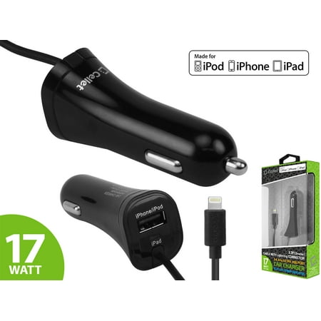 Apple Charger Car Cellet 3.4A/17W (2.4A Plus 1A) Apple Certified Lightning Cable with USB Port Car Charger for iPhone Xs Max, Xr, Xs, X, 7, 7Plus, 8, 8Plus ()