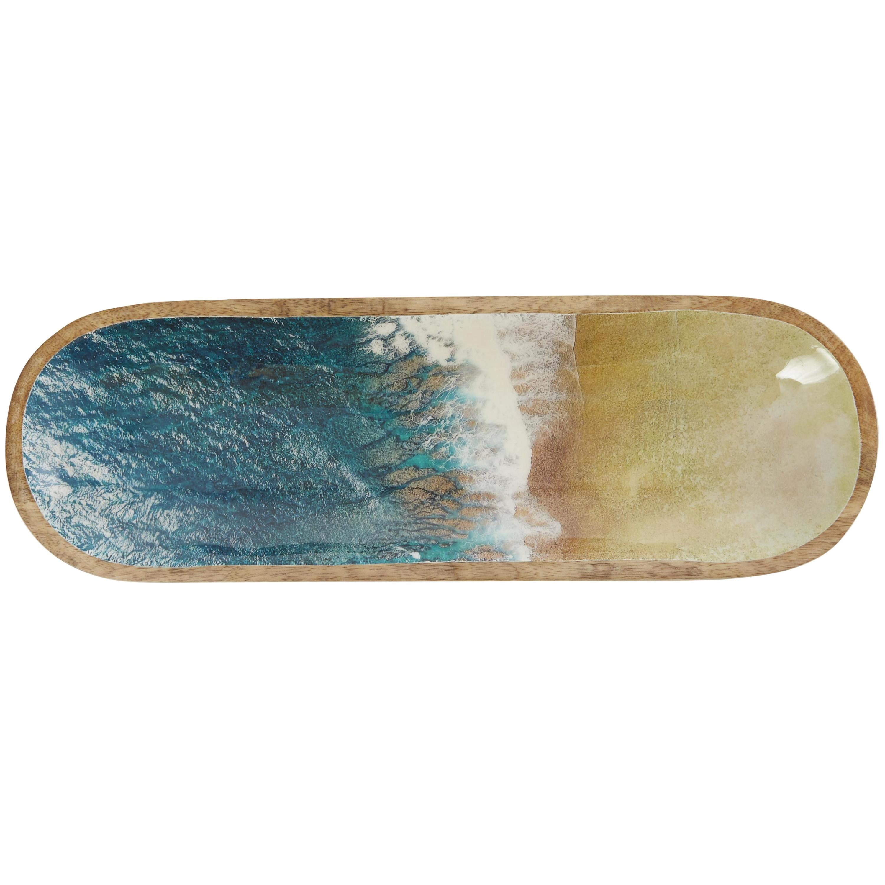 DecMode 16" x 6" Brown Mango Wood Handmade Ocean Inspired Tray with Colorful Enameled Interior, 1-Piece