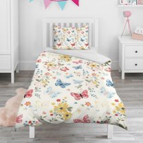 Flower and Butterfly Duvet Cover and Pillowcase Set for Single Bedding, Bedroom Accessories for Kids Teens