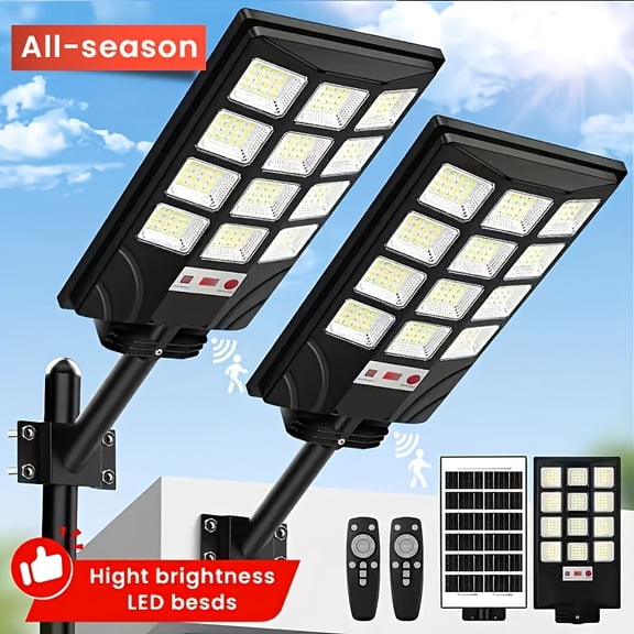 2Pack Solar Street Light Outdoor Beads, 6500K Motion Sensor LED Solar Powered Flood Light With Remote Control, Dusk To Dawn Commercial Area Lighting For Outside Parking Lot