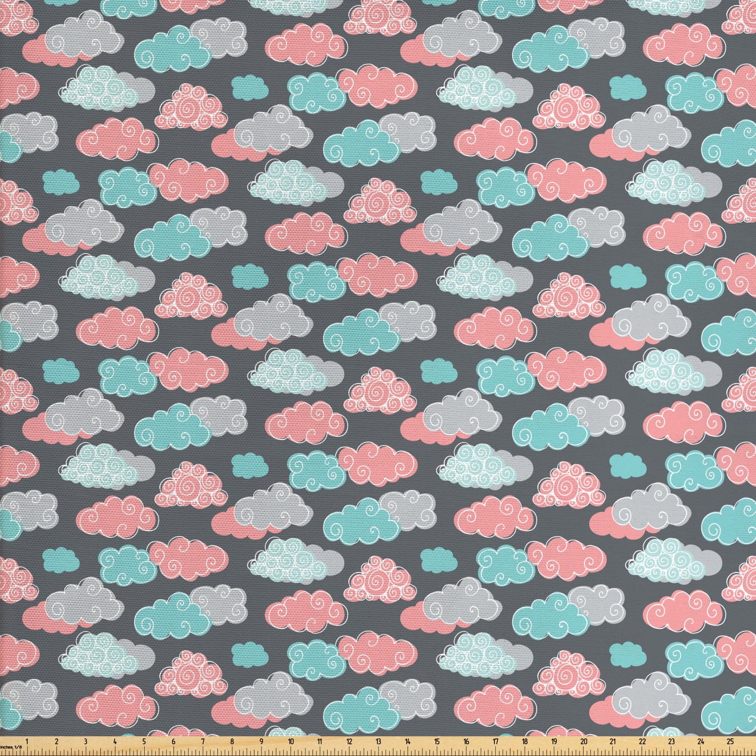 Cloud Fabric by The Yard, Abstract Cloud in Pastel Colors Ornamented with Curlicues and Waves