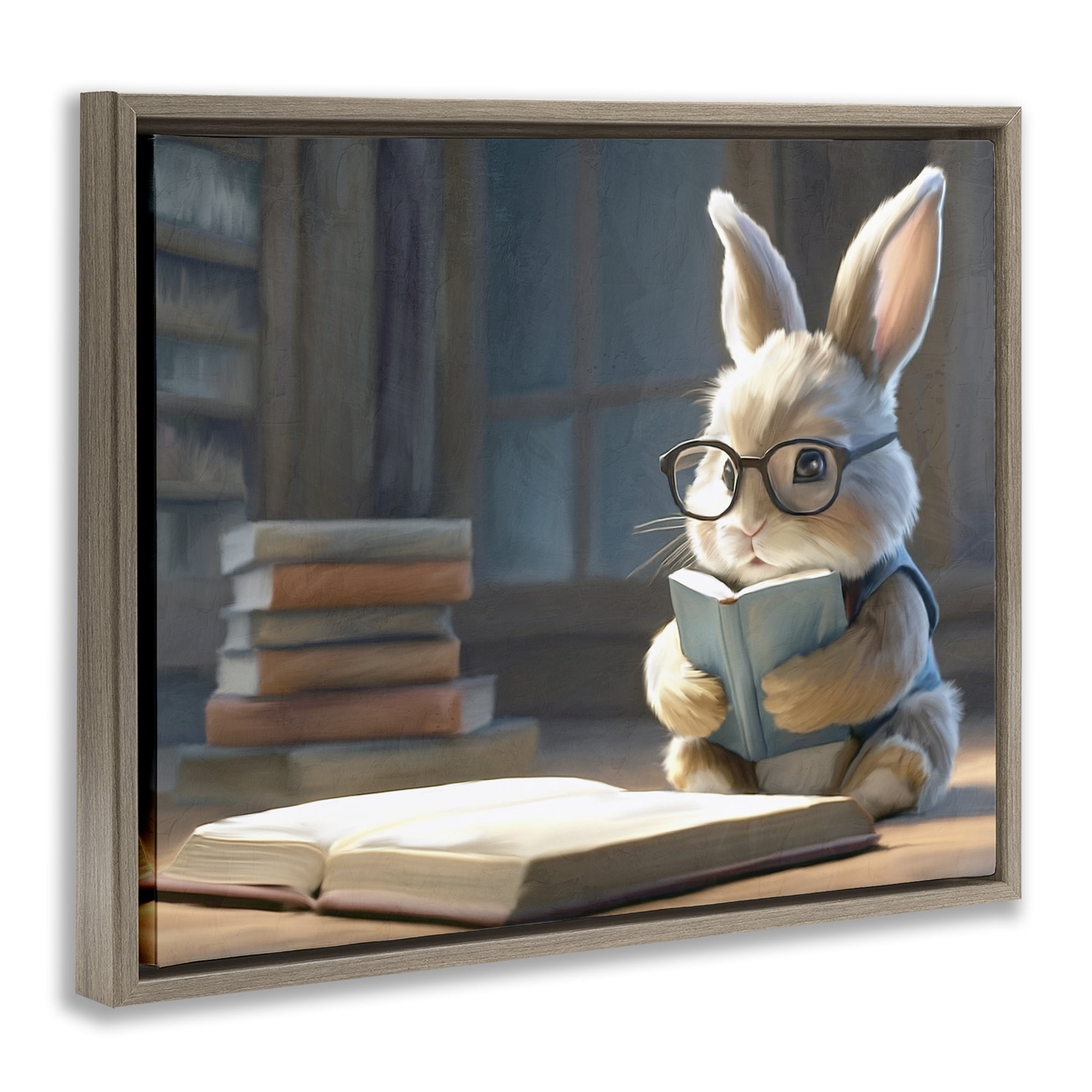 Stupell Industries Bookish Bunny at Desk Brown Framed Floater Canvas Wall Art, design by Kim Allen