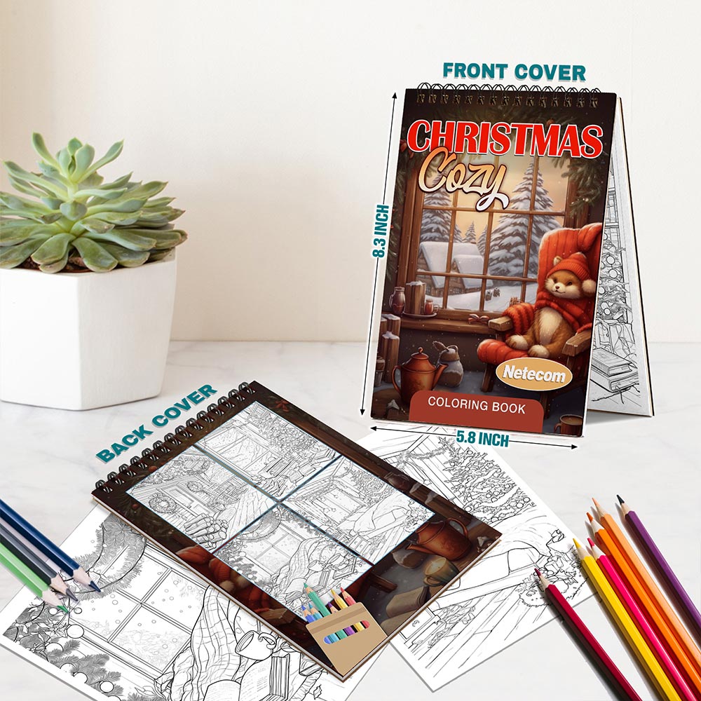 Netecom Christmas Cozy Coloring Book Spiral Bound For Adults, A5 Wooden Cover, 30 Beautiful Coloring Pages of Winter Landscape for Stress Relief and Relaxation