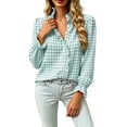 thumbnail image 3 of Feancey Womens Ruffle Button Down Shirts Plaid Casual Long Sleeve Stand Collar Blouse Dressy Trendy Gingham Work Shirt Birthday Gift Light Blue L, 3 of 10