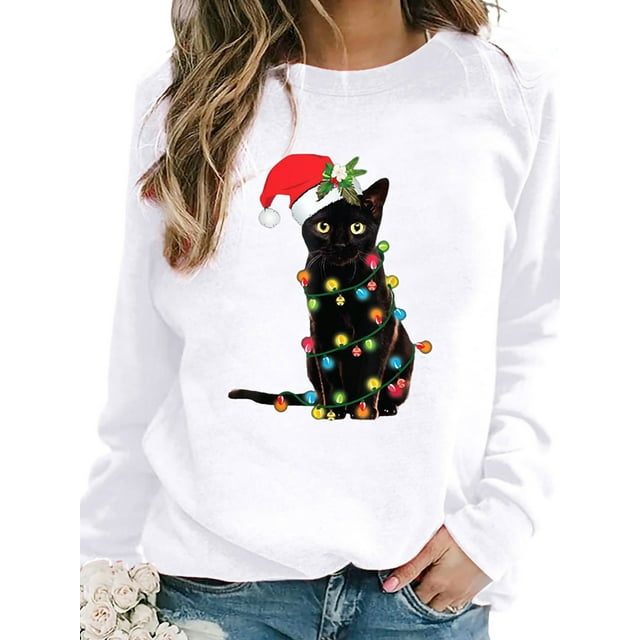 MAWCLOS Chandail en Molleton Femme Imprimé Chat Chandails en Molleton de Noël Manches Longues Chandail de Noël Ample Col Rond Blanc TP
