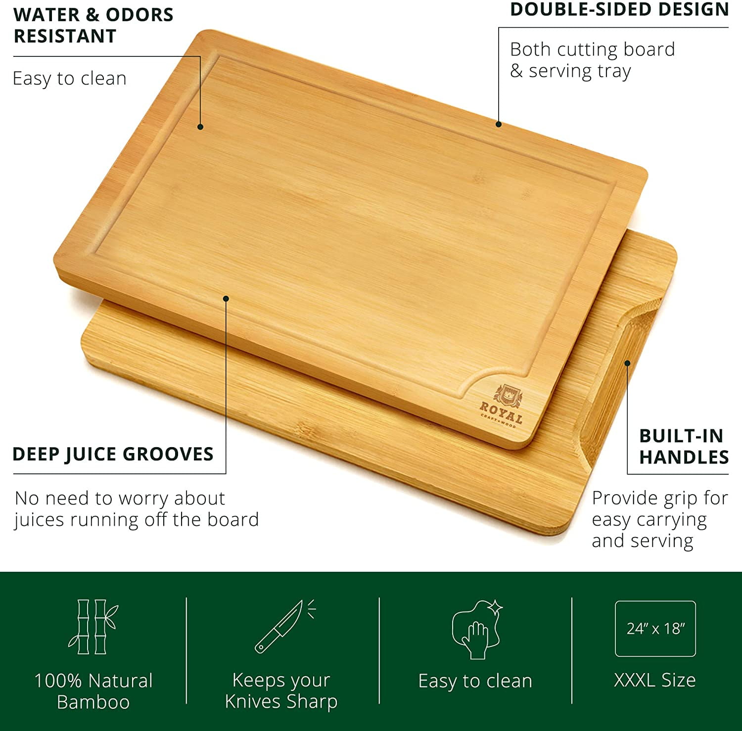 Royal Craft Wood Bamboo Cutting Board for Kitchen – Extra Large Wooden Butcher Block with Side Handles, Chopping Board for Meat, Turkey, Vegetables & Dough (3XL, 24" x 18")