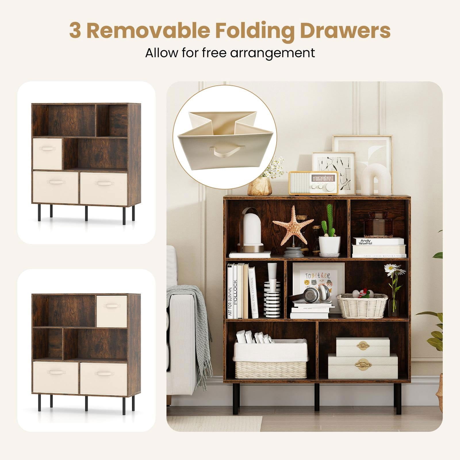 Resenkos 6-Cube Bookshelf with 3 Removable Folding Fabric Drawers, Versatile Storage Cabinet for Living Room, Bedroom, Rustic Brown