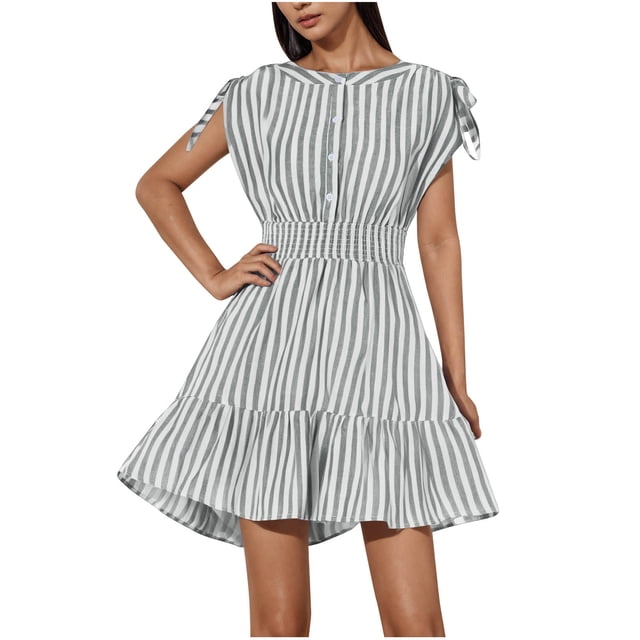 Vestido de Impresión de Rayas de las Mujeres, Cuello Redondo sin Mangas con Hebilla Decorativa de Correa de Hombro Y Cintura Elástica, Vestido Ligero