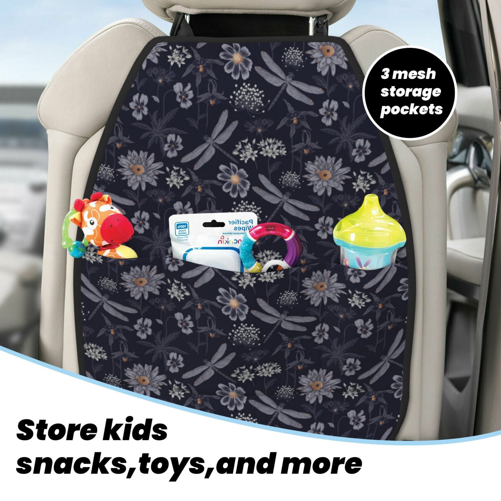 Xecao Wildflowers And Dragonflies Pattern Car Seat Back Protector 2 Pack Large Capacity Pocket, Kick Mats Back Seat Protector