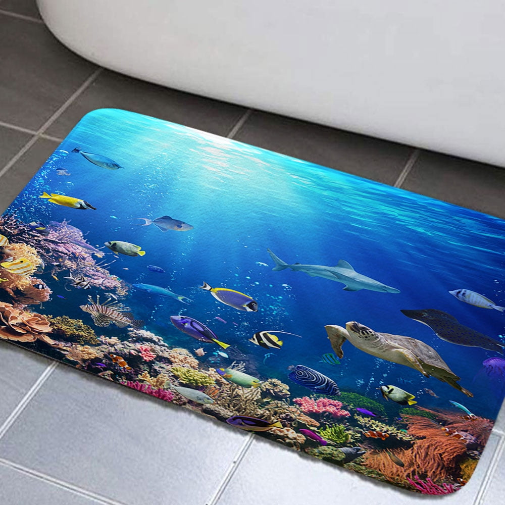 Ocean Themed Bathroom Rug, Sea Animal Bath Mat, Tropical Fish, NonSlip